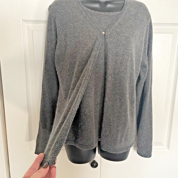 Vintage Y2K Sag Harbor Sweater Women Petite Large Gray Wool Blend Knit Beaded - Picture 2 of 11